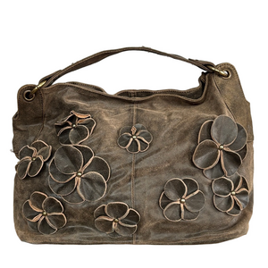 Anthropologie Lucky Penny Floral Appliqué Brown Leather Hobo Boho Shoulder Bag